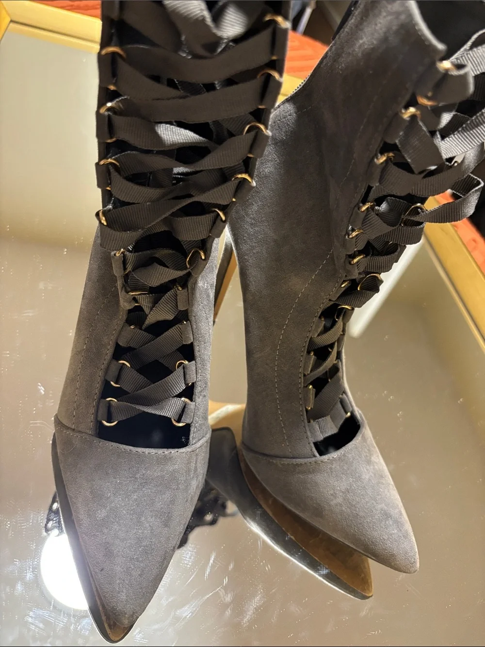 Windsor Gray Suede Lace-Up Pointed-Toe High Heel Boots - Picture 2 of 4
